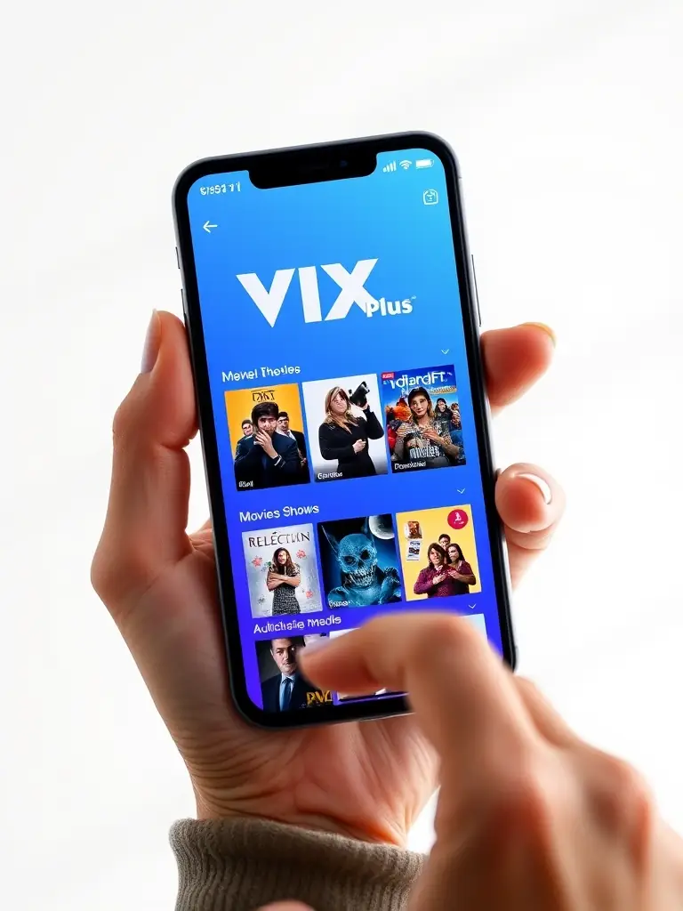 A vibrant, eye-catching screenshot of the VIX Plus app interface on a mobile phone, showcasing its user-friendly design and diverse content library, emphasizing the ease of access for mobile users.