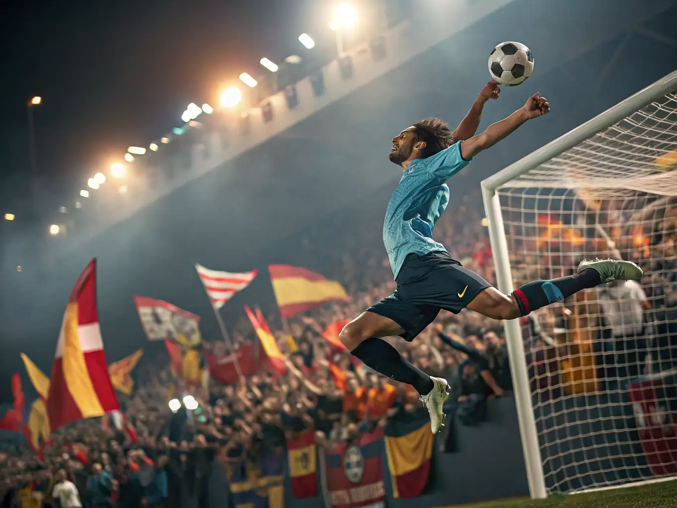A thrilling shot from a Televisa sports broadcast, capturing the excitement of a live soccer match with cheering fans in the background.