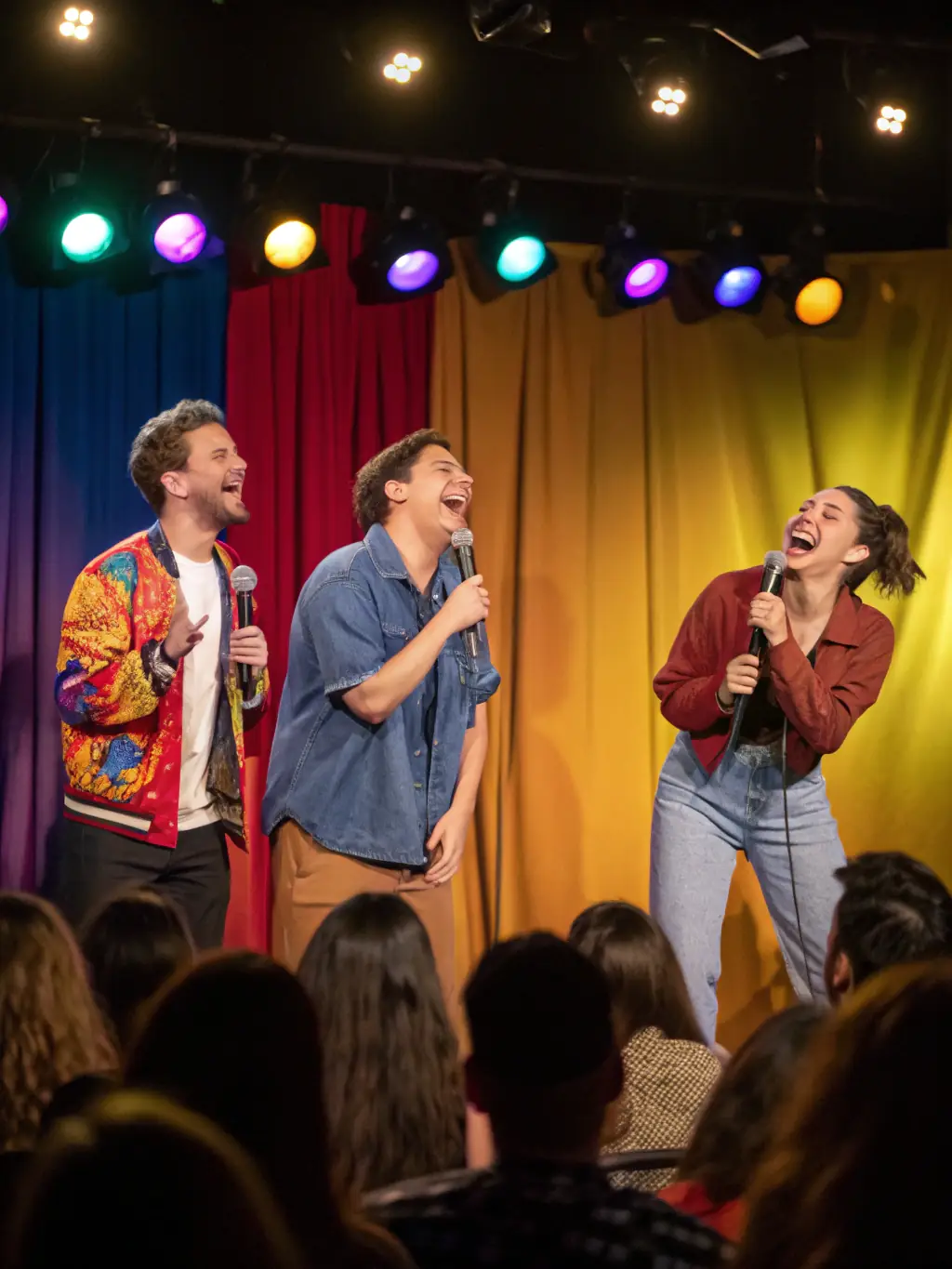 A cheerful image from a Televisa comedy show, featuring the cast in a humorous situation, with bright lighting and a lively atmosphere.
