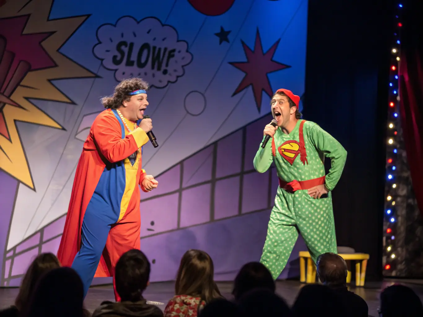 A lively image featuring a scene from a popular Televisa entertainment show, with actors in colorful costumes performing on a vibrant set.